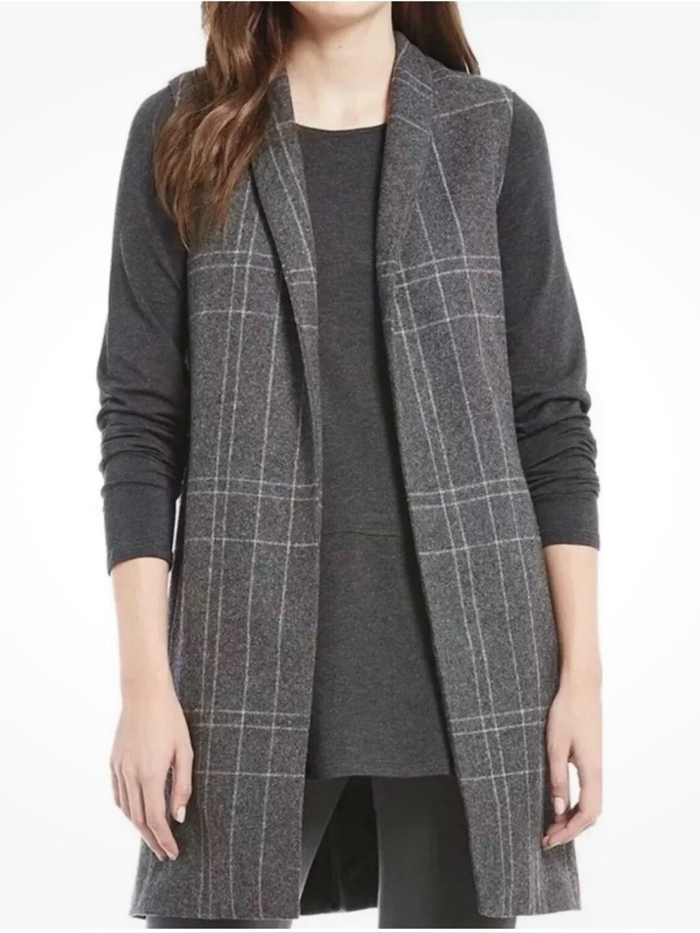 Eileen Fisher Dark Ash Gray Windowpane Plaid Wool Blend Long Vest M